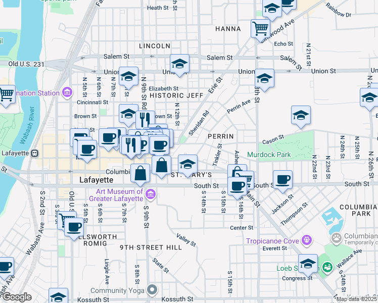 map of restaurants, bars, coffee shops, grocery stores, and more near 1217 Main Street in Lafayette