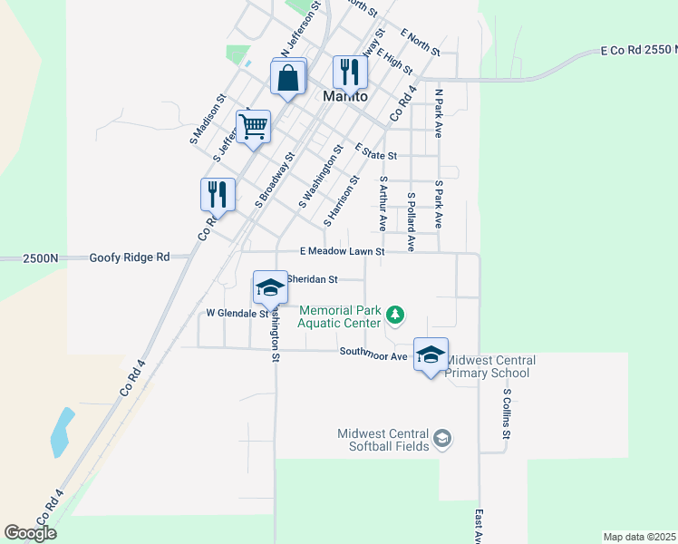 map of restaurants, bars, coffee shops, grocery stores, and more near 200-298 East Sheridan Street in Manito