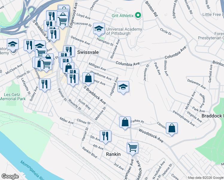 map of restaurants, bars, coffee shops, grocery stores, and more near 7630 Highland Avenue in Pittsburgh