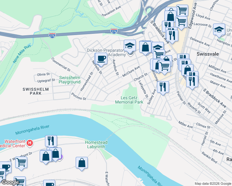 map of restaurants, bars, coffee shops, grocery stores, and more near 1519 Mansion Place in Pittsburgh