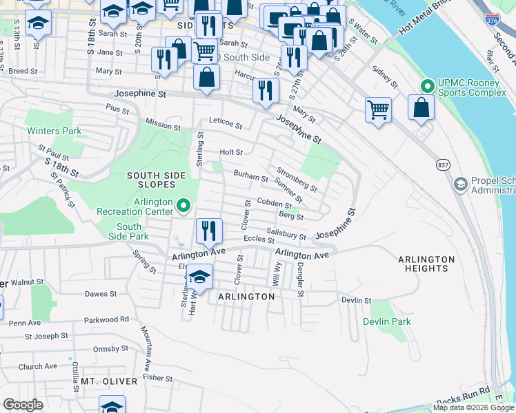 map of restaurants, bars, coffee shops, grocery stores, and more near 2434 Patterson Street in Pittsburgh