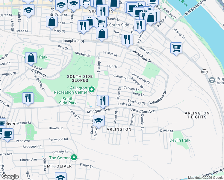 map of restaurants, bars, coffee shops, grocery stores, and more near 2401 Salisbury Street in Pittsburgh