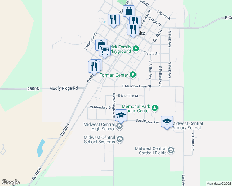 map of restaurants, bars, coffee shops, grocery stores, and more near 700-704 South Washington Street in Manito