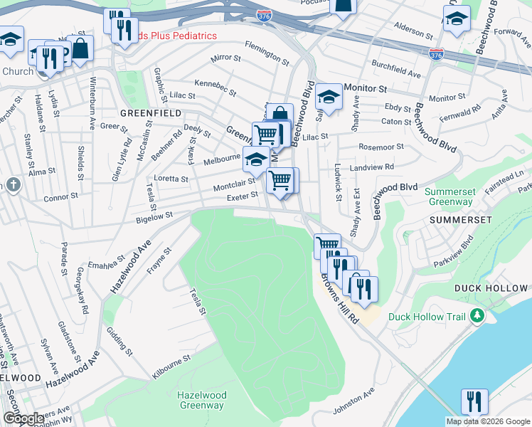 map of restaurants, bars, coffee shops, grocery stores, and more near 820 Hazelwood Avenue in Pittsburgh