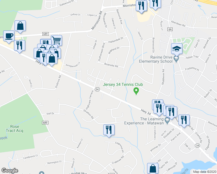 map of restaurants, bars, coffee shops, grocery stores, and more near Arrowsmith Court in Matawan