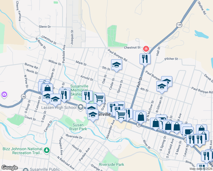map of restaurants, bars, coffee shops, grocery stores, and more near 201-249 Grand Ave in Susanville