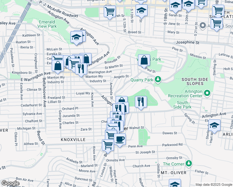 map of restaurants, bars, coffee shops, grocery stores, and more near 2716 South 18th Street in Pittsburgh