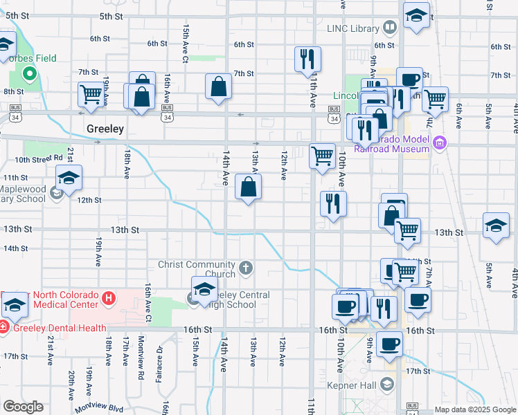 map of restaurants, bars, coffee shops, grocery stores, and more near 1230 12th Street in Greeley