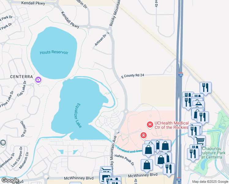 map of restaurants, bars, coffee shops, grocery stores, and more near 2725 Rocky Mountain Avenue in Loveland