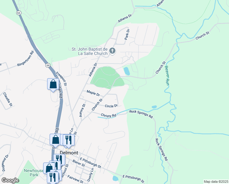 map of restaurants, bars, coffee shops, grocery stores, and more near 348 Circle Drive in Delmont