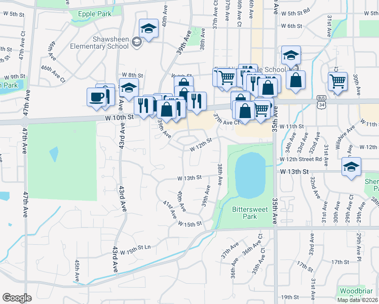 map of restaurants, bars, coffee shops, grocery stores, and more near 3950 West 12th Street in Greeley