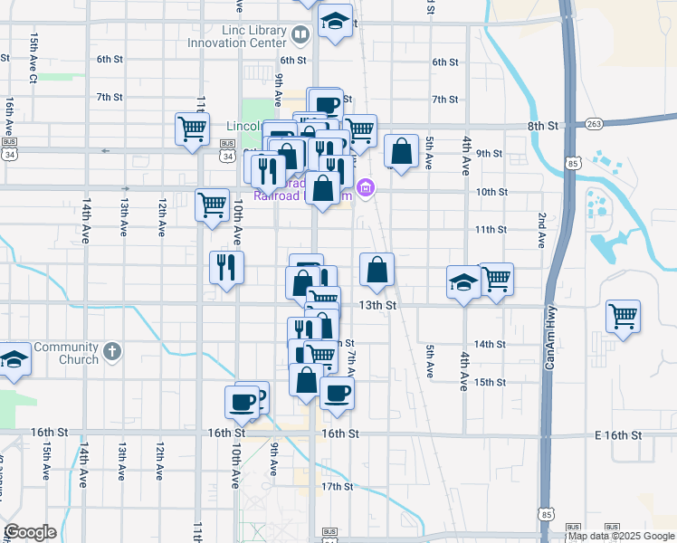 map of restaurants, bars, coffee shops, grocery stores, and more near 1213 7th Avenue in Greeley