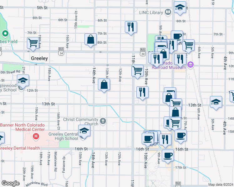 map of restaurants, bars, coffee shops, grocery stores, and more near 1221 12th Avenue in Greeley