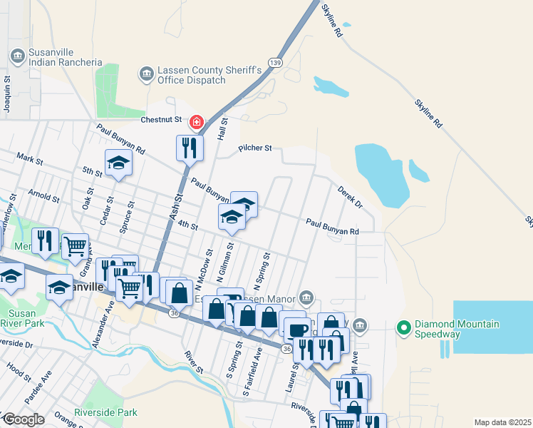 map of restaurants, bars, coffee shops, grocery stores, and more near 450 North Spring Street in Susanville