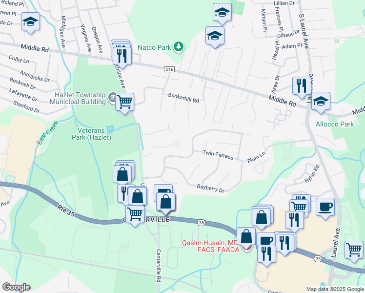 map of restaurants, bars, coffee shops, grocery stores, and more near 23 Hawthorne Avenue in Holmdel