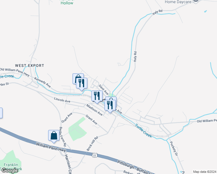 map of restaurants, bars, coffee shops, grocery stores, and more near 5866 Roosevelt Avenue in Export