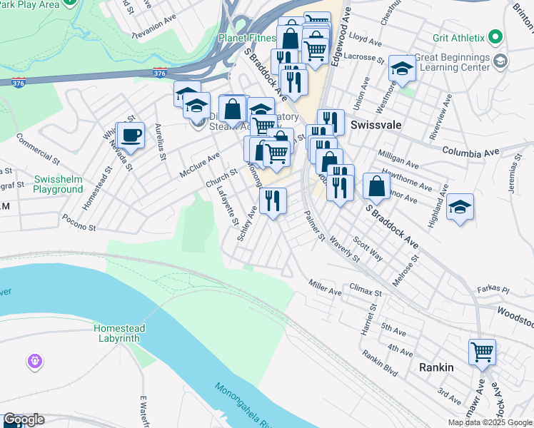map of restaurants, bars, coffee shops, grocery stores, and more near 7347 Denniston Avenue in Pittsburgh