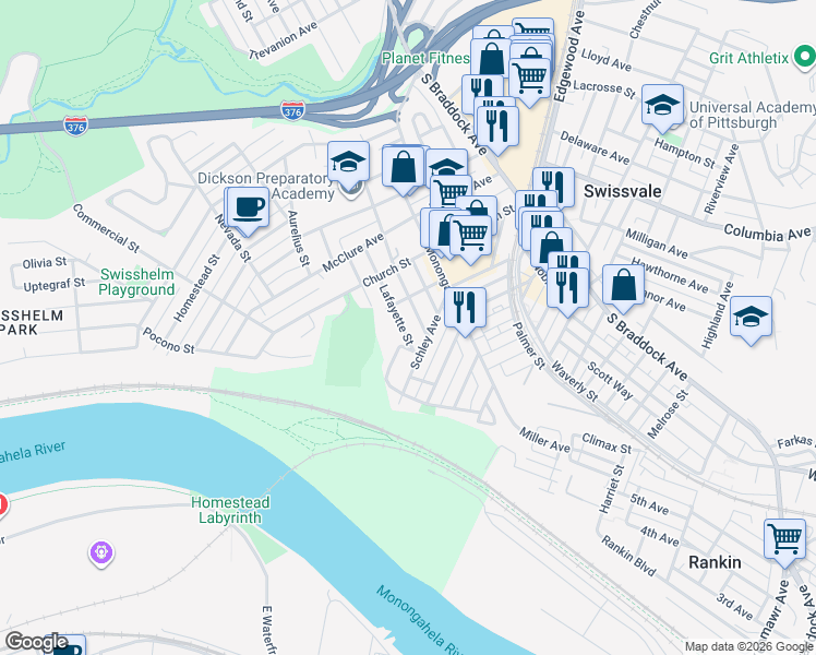 map of restaurants, bars, coffee shops, grocery stores, and more near 7336 Woodlawn Avenue in Swissvale