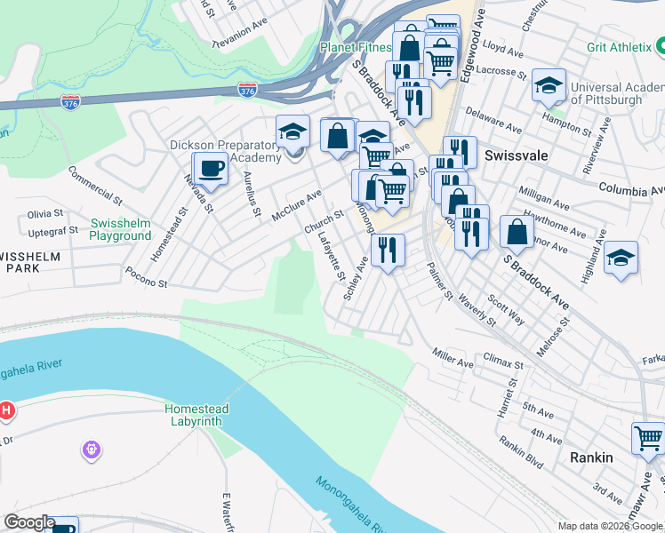 map of restaurants, bars, coffee shops, grocery stores, and more near 7336 Woodlawn Avenue in Swissvale