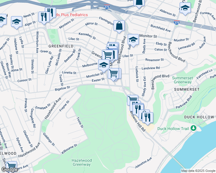 map of restaurants, bars, coffee shops, grocery stores, and more near 820 Hazelwood Avenue in Pittsburgh