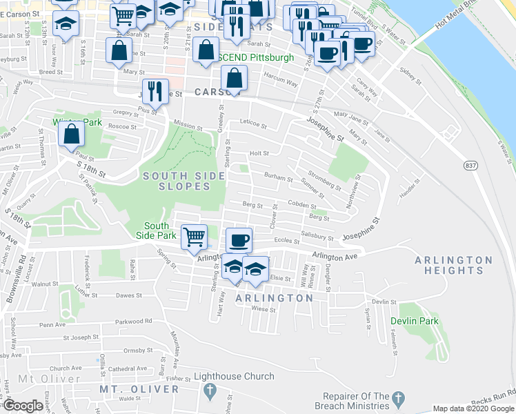 map of restaurants, bars, coffee shops, grocery stores, and more near 2401 Salisbury Street in Pittsburgh