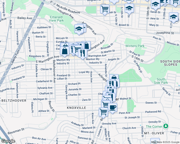 map of restaurants, bars, coffee shops, grocery stores, and more near 405 Knox Avenue in Pittsburgh