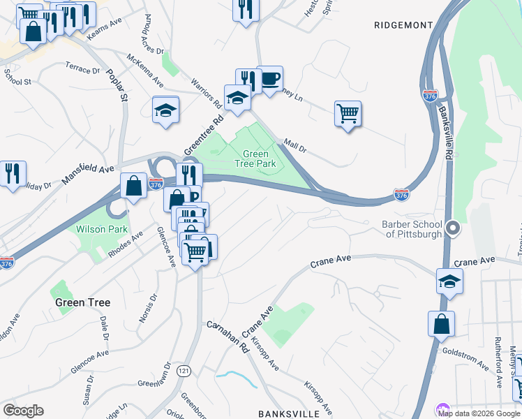map of restaurants, bars, coffee shops, grocery stores, and more near 45 Pocono Drive in Pittsburgh