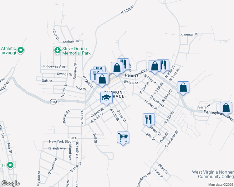map of restaurants, bars, coffee shops, grocery stores, and more near in Weirton