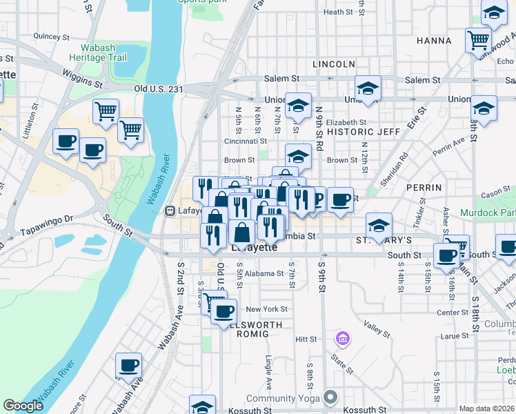 map of restaurants, bars, coffee shops, grocery stores, and more near 217 North 6th Street in Lafayette