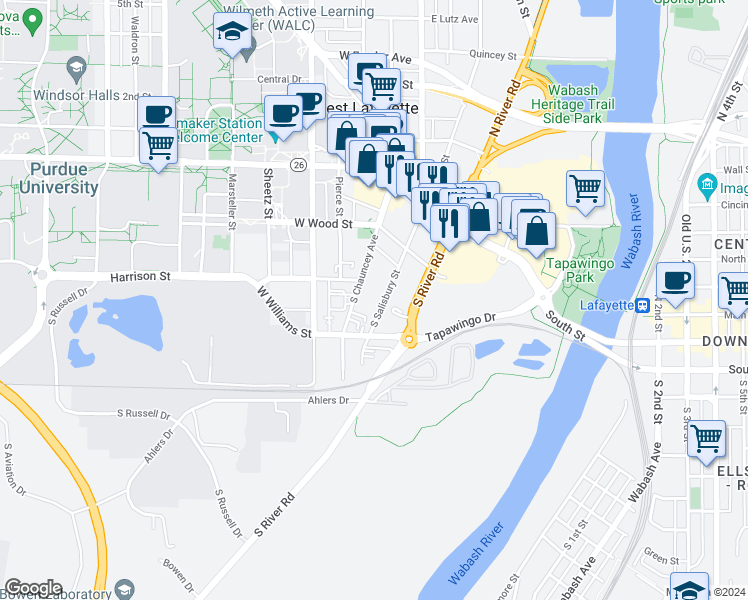 map of restaurants, bars, coffee shops, grocery stores, and more near in West Lafayette