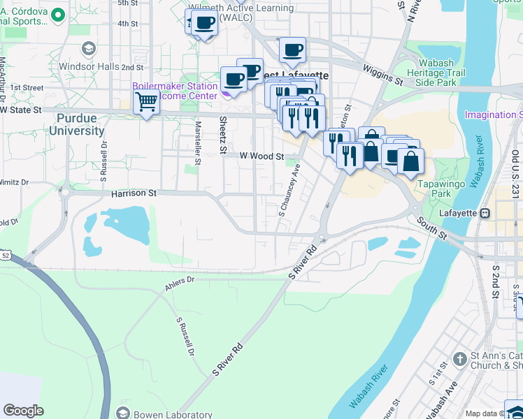 map of restaurants, bars, coffee shops, grocery stores, and more near 340 South Grant Street in West Lafayette