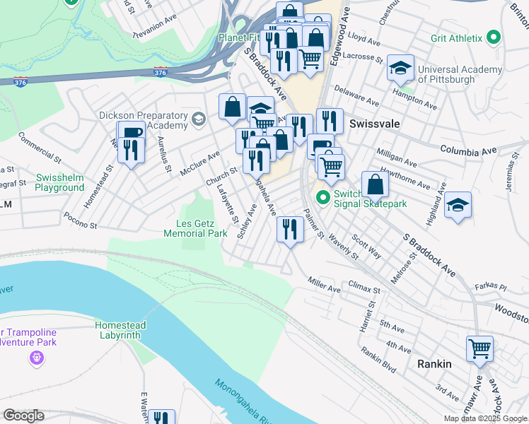 map of restaurants, bars, coffee shops, grocery stores, and more near 7347 Denniston Avenue in Pittsburgh