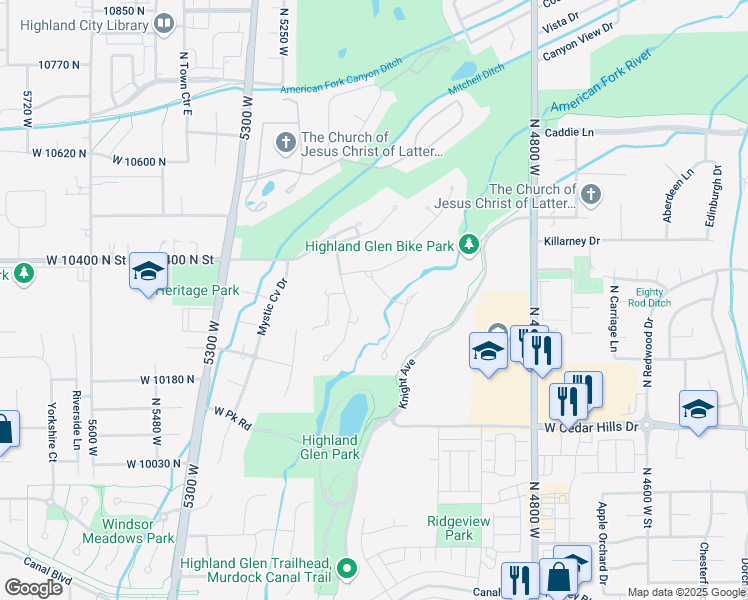 map of restaurants, bars, coffee shops, grocery stores, and more near 10339 North Oak Creek Lane in Highland