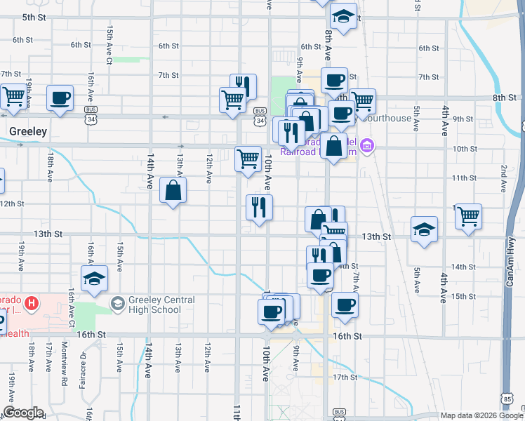 map of restaurants, bars, coffee shops, grocery stores, and more near 1023 13th Street in Greeley