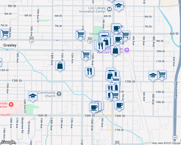 map of restaurants, bars, coffee shops, grocery stores, and more near 1201 10th Avenue in Greeley