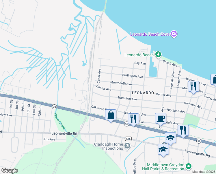 map of restaurants, bars, coffee shops, grocery stores, and more near 118 Center Avenue in Leonardo