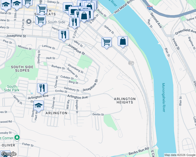 map of restaurants, bars, coffee shops, grocery stores, and more near 3213 Josephine Street in Pittsburgh