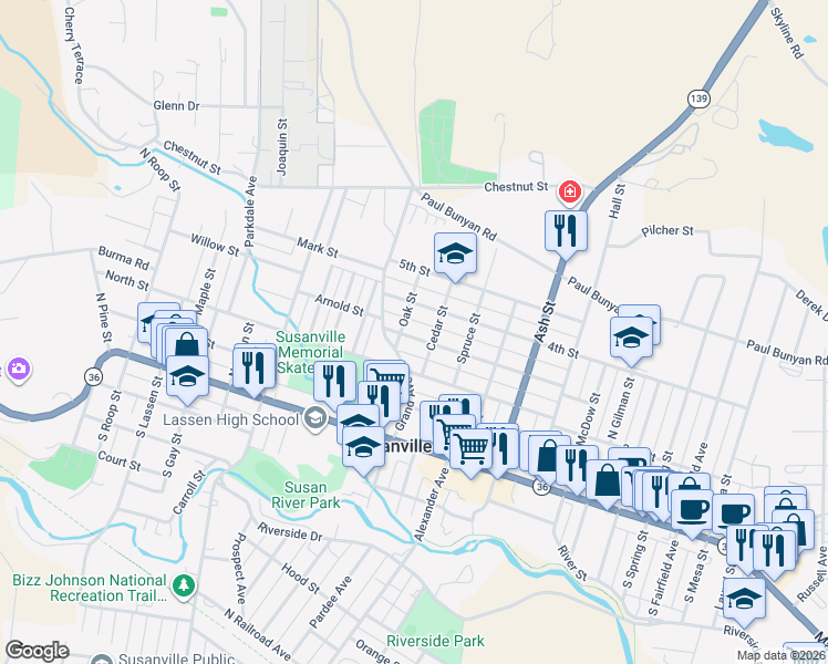 map of restaurants, bars, coffee shops, grocery stores, and more near 201-249 Grand Ave in Susanville
