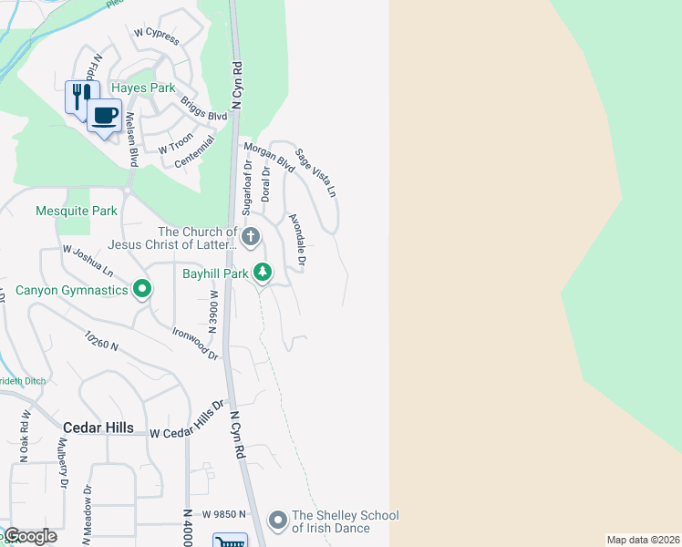 map of restaurants, bars, coffee shops, grocery stores, and more near 10331 Morgan Boulevard in Cedar Hills
