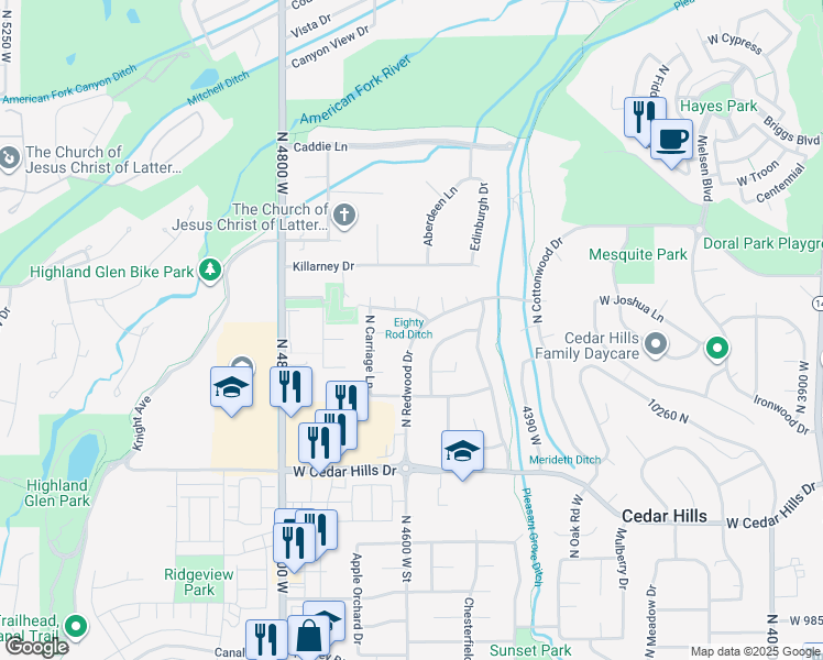 map of restaurants, bars, coffee shops, grocery stores, and more near 4592 West Spruce Circle in Cedar Hills