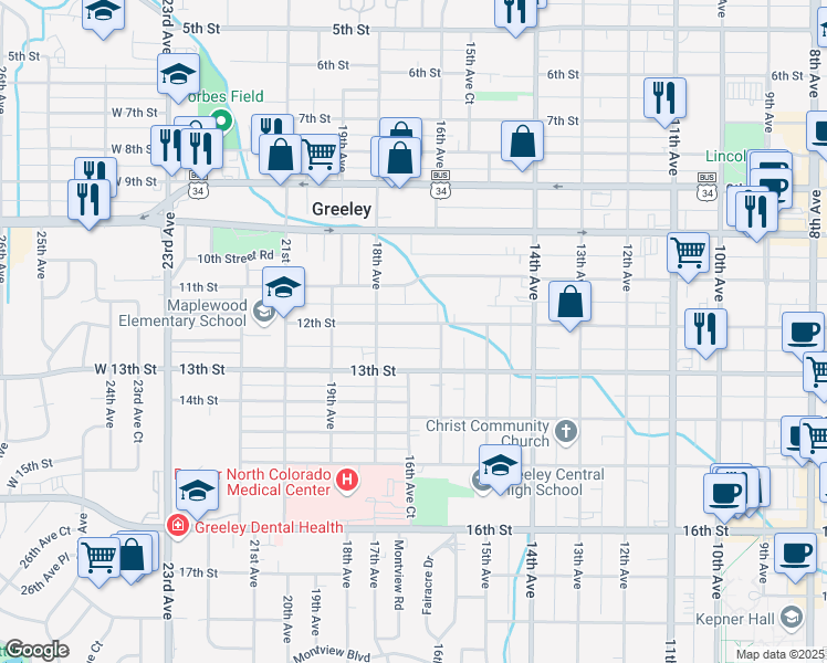 map of restaurants, bars, coffee shops, grocery stores, and more near 1620 12th Street in Greeley