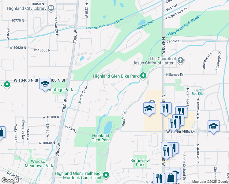 map of restaurants, bars, coffee shops, grocery stores, and more near 10339 Oak Creek Lane in Highland