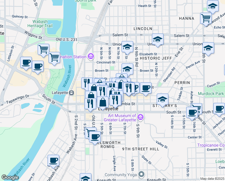 map of restaurants, bars, coffee shops, grocery stores, and more near 217 North 6th Street in Lafayette
