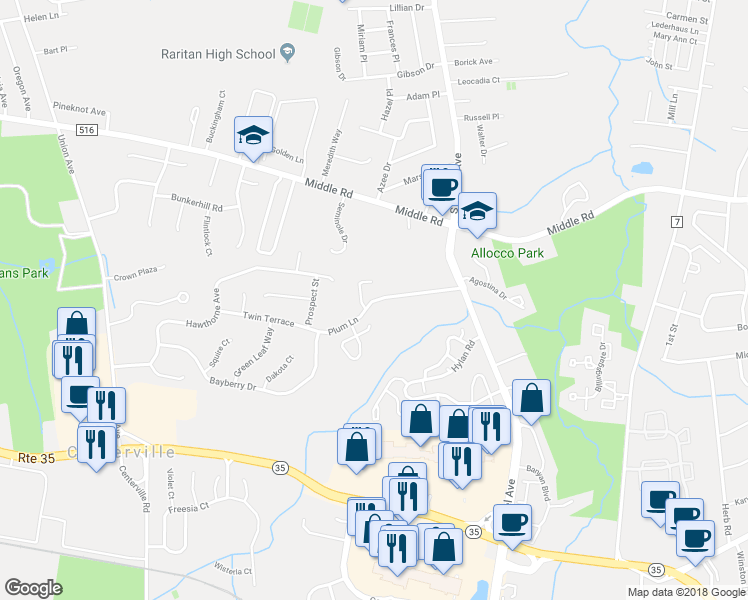 map of restaurants, bars, coffee shops, grocery stores, and more near 14 Plum Lane in Holmdel