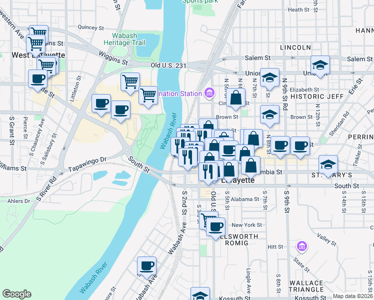 map of restaurants, bars, coffee shops, grocery stores, and more near 219 Main Street in Lafayette