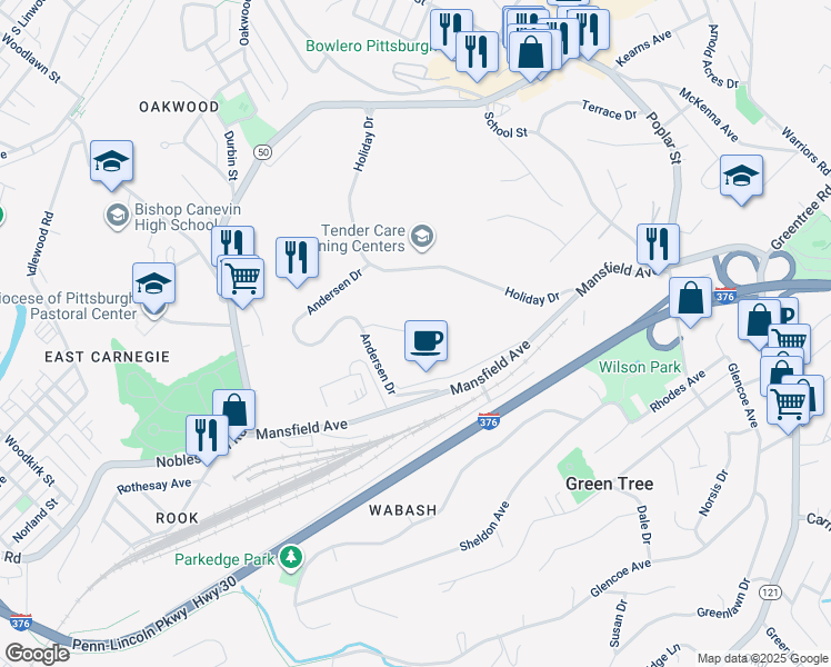 map of restaurants, bars, coffee shops, grocery stores, and more near 631 Iron City Drive in Pittsburgh