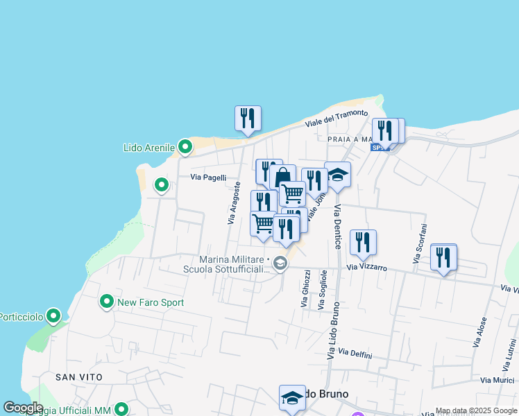 map of restaurants, bars, coffee shops, grocery stores, and more near 6 Via Suri in Taranto