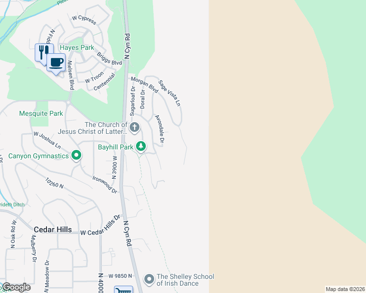 map of restaurants, bars, coffee shops, grocery stores, and more near 10331 Morgan Boulevard in Cedar Hills