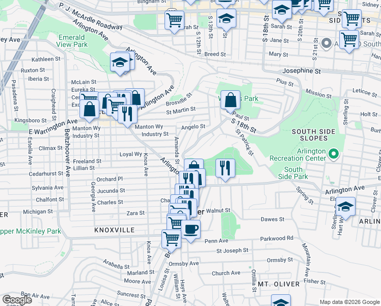 map of restaurants, bars, coffee shops, grocery stores, and more near 2675 South 18th Street in Pittsburgh