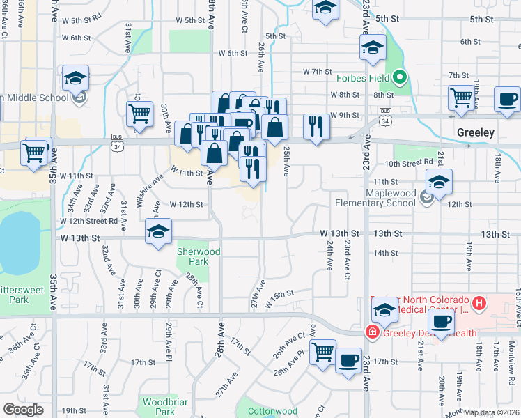 map of restaurants, bars, coffee shops, grocery stores, and more near 2614 West 12th Street Road in Greeley